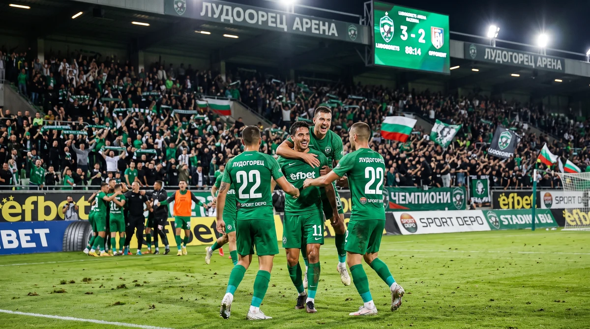 Футболисти в зелени екипи празнуват победа след обрат на футболен стадион във Варна.