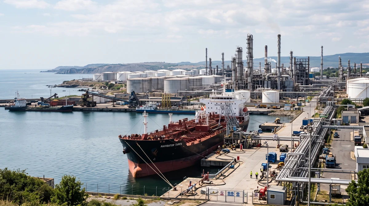 Крайбрежна нефтена рафинерия с резервоари и танкер в индустриално пристанище
