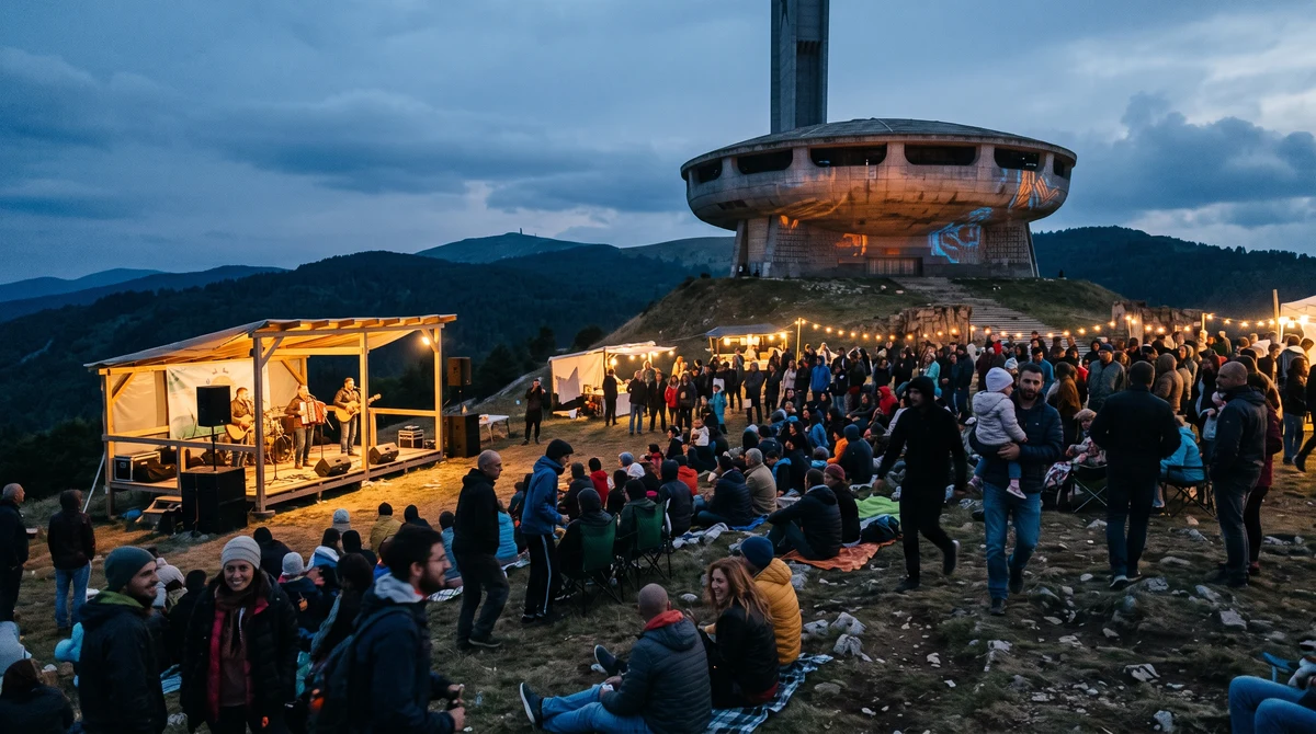 Посетители и музикална сцена пред монумента на Бузлуджа по време на Open Buzludzha