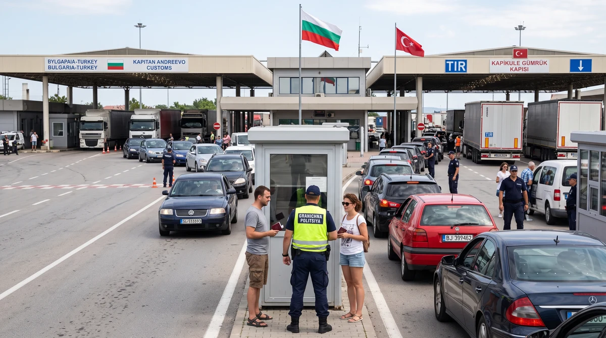 Полицейски и митнически служители извършват проверки на натоварен българо-турски граничен пункт през летния сезон.