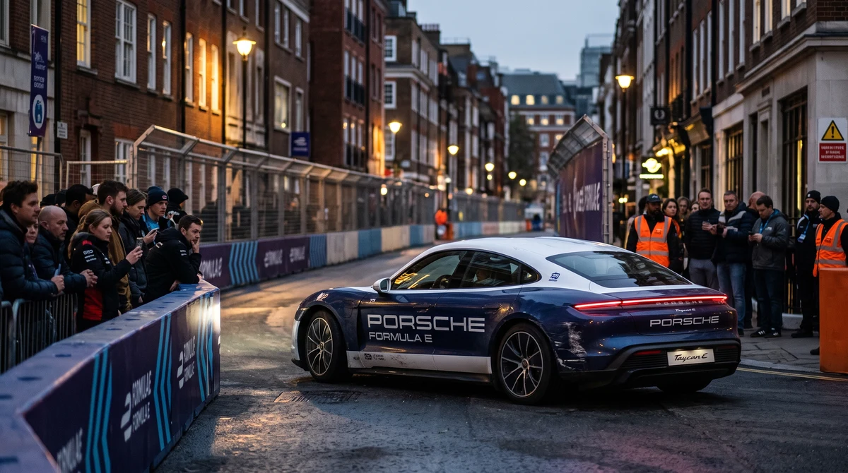 Електрически автомобил Porsche Formula E на улична писта след финала на сезона в Лондон