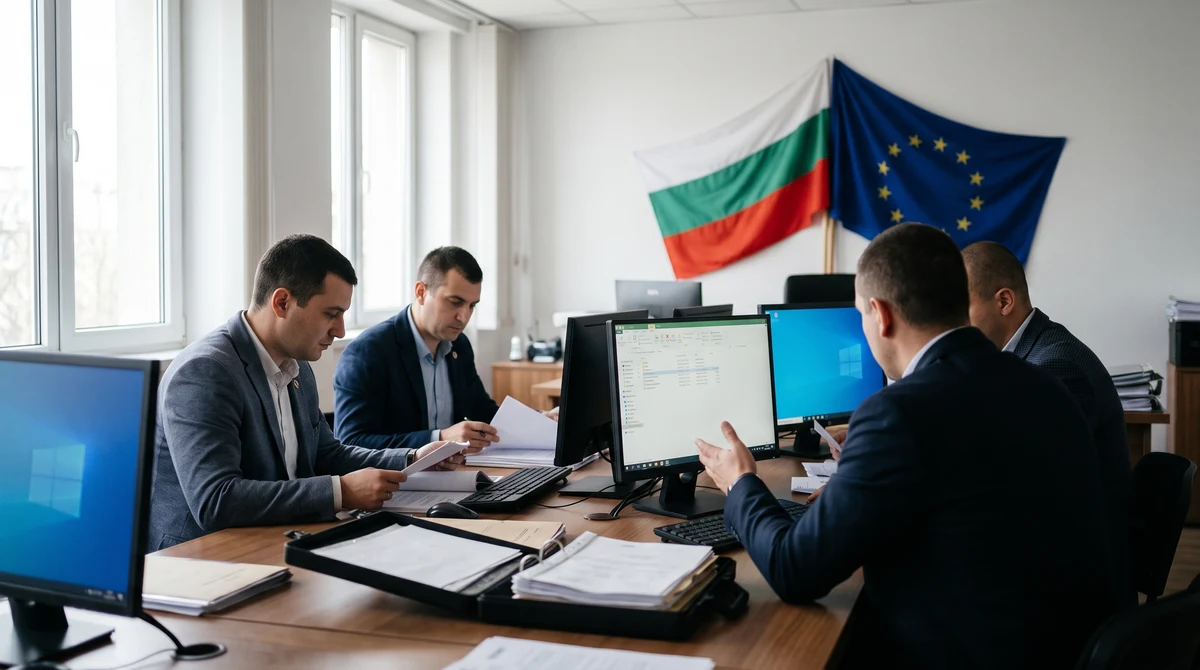 Разследващи органи преглеждат електронни доказателства и правни документи в служебен офис.