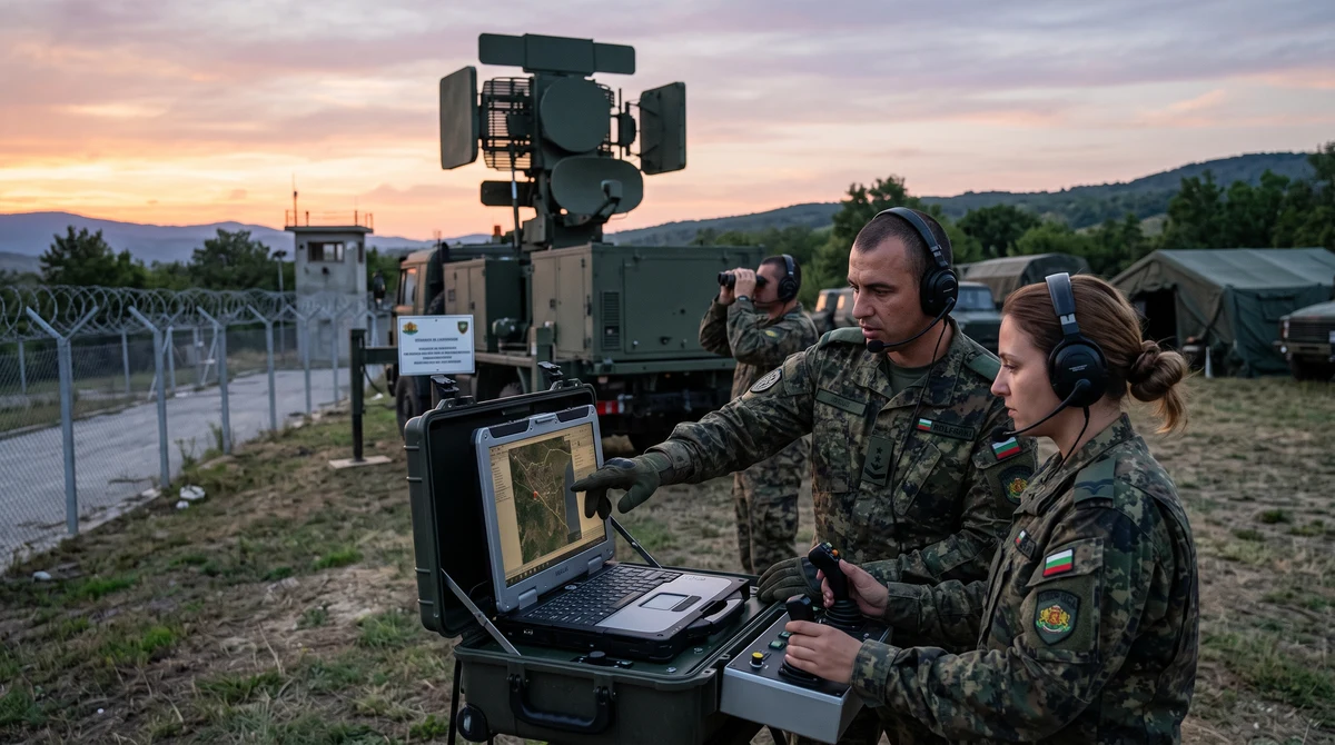 Военнослужещи работят с антидрон радарна система край охраняван стратегически обект.