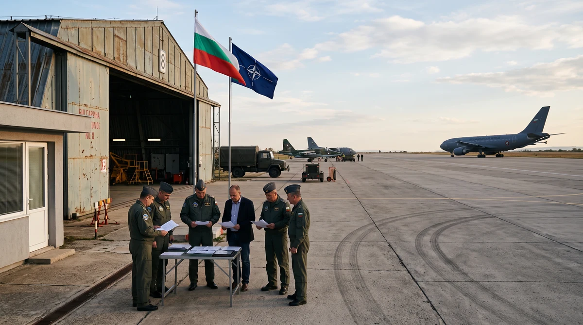 Българска военна авиобаза след изтеглянето на самолети цистерни, с национални и натовски знамена