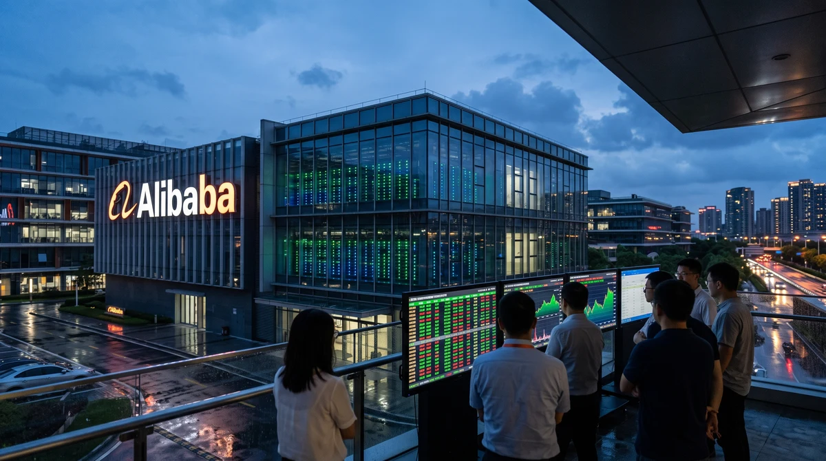 Сграда на Alibaba и пазарни екрани на фона на спад на акциите след обявено AI финансиране