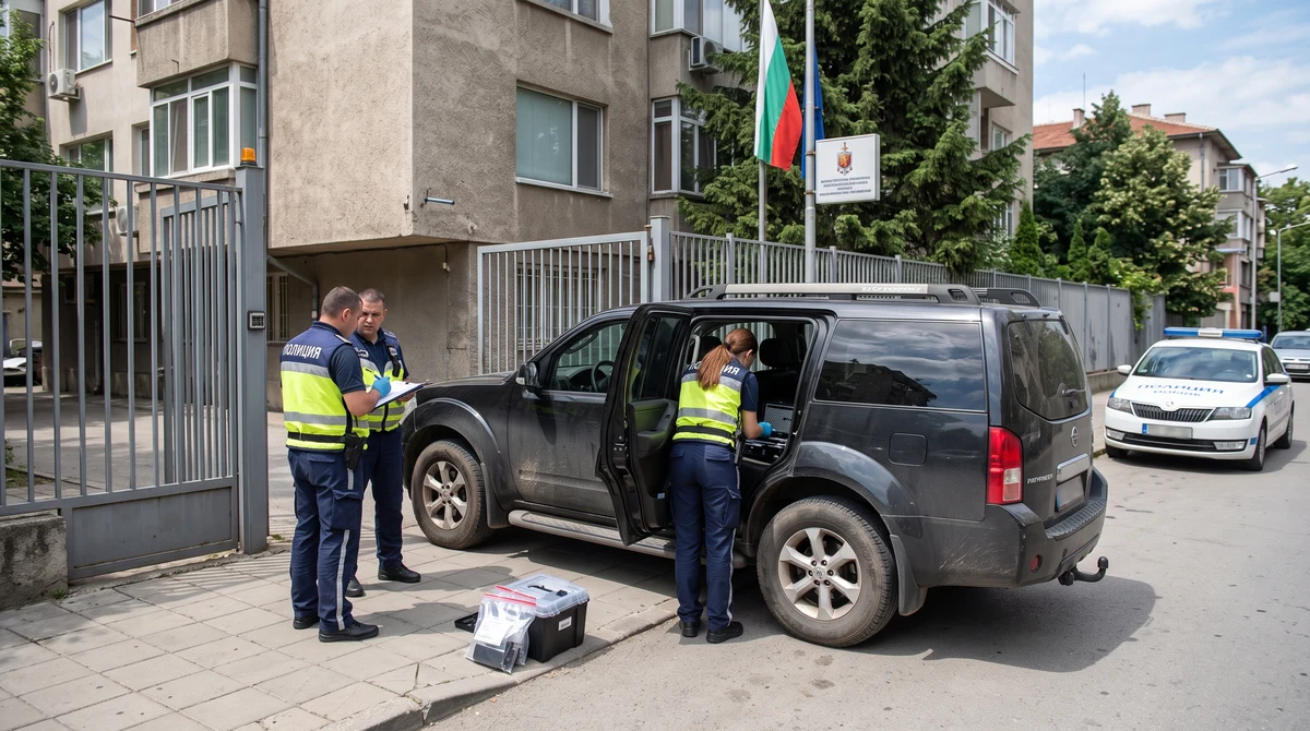 Полицаи оглеждат иззет джип с електронно оборудване пред охраняем имот в София