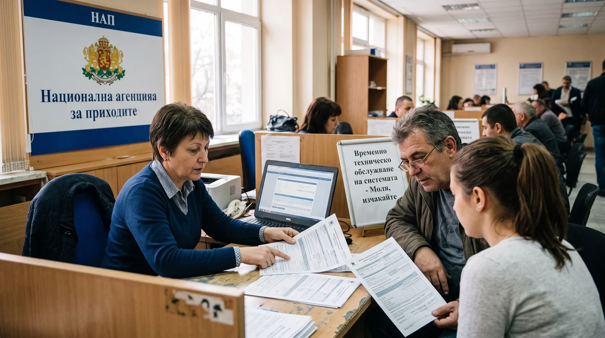 Граждани и счетоводител работят с документи и лаптопи при временно ограничени електронни услуги на НАП