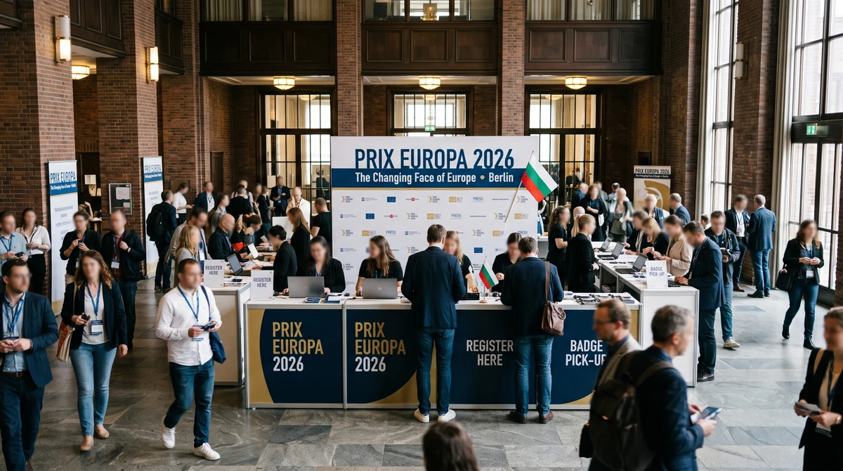 Регистрационна зона на Prix Europa 2026 в Haus des Rundfunks в Берлин с българско знаме