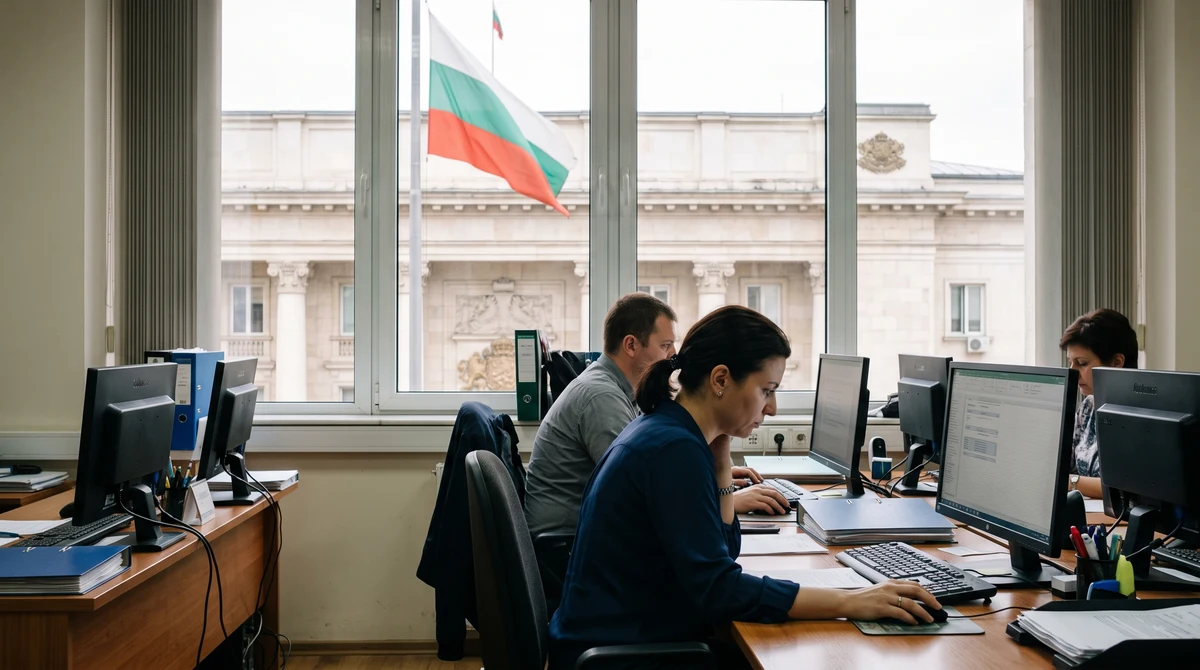 Административна сграда с български флаг и служители, които преминават електронен тест за почтеност