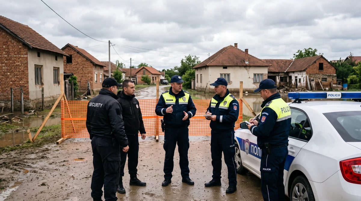 Полицаи и служители по сигурността край патрулен автомобил в селски район