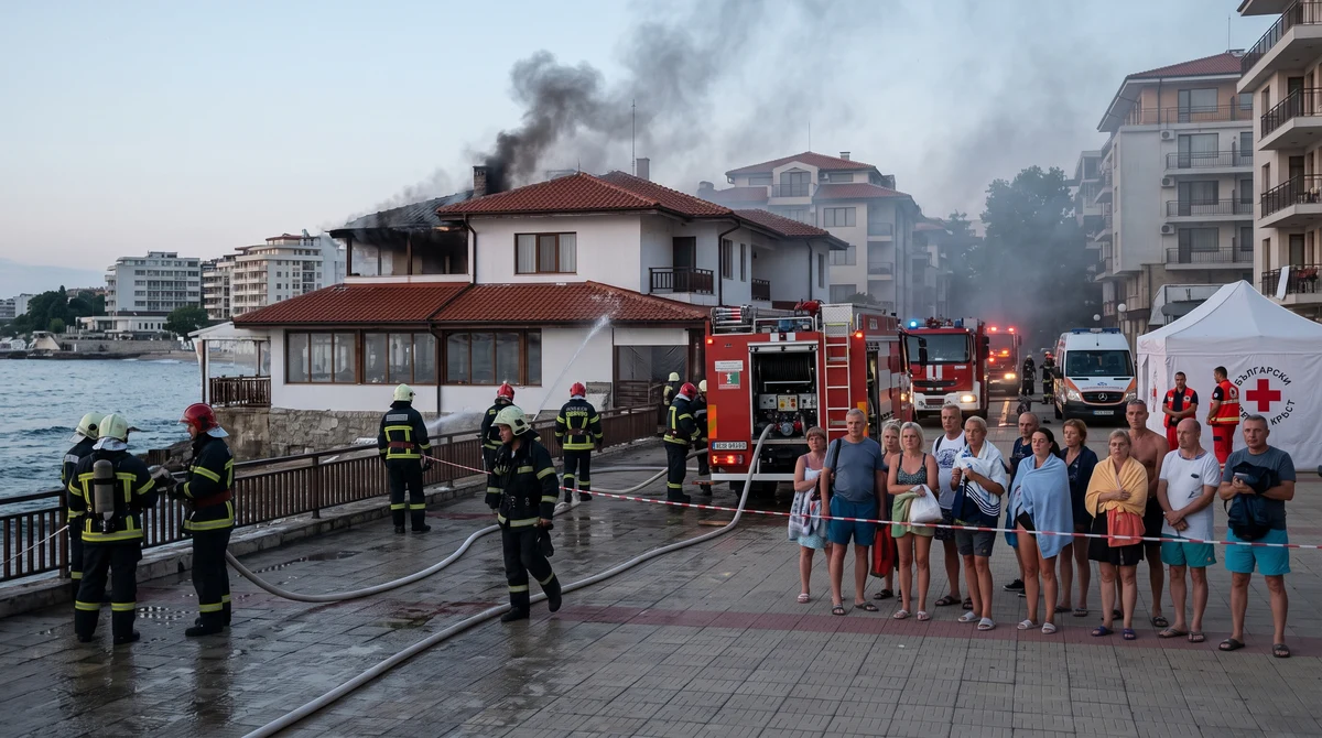 Пожарникари гасят пожар край ресторант в Созопол, а туристи са евакуирани от близките сгради.