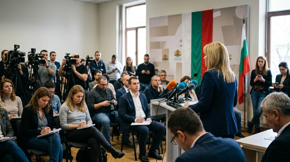 Илияна Йотова на политическа пресконференция с българското знаме на заден план