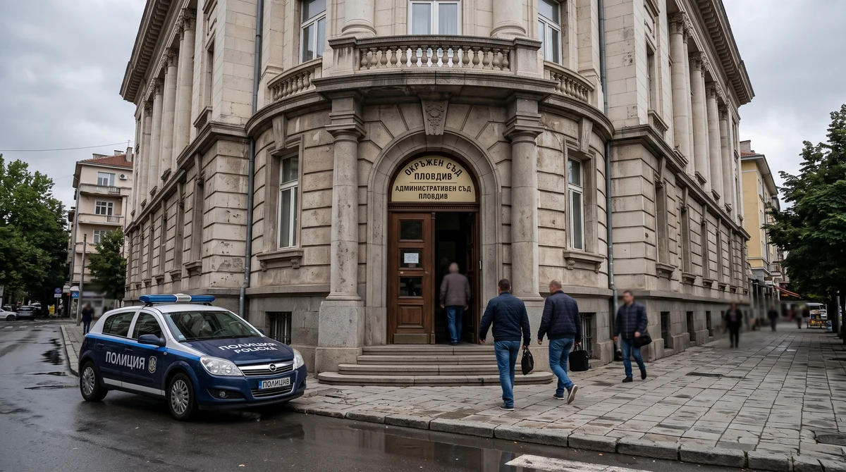 Сградата на Окръжния съд в Пловдив с полицейски автомобил пред входа
