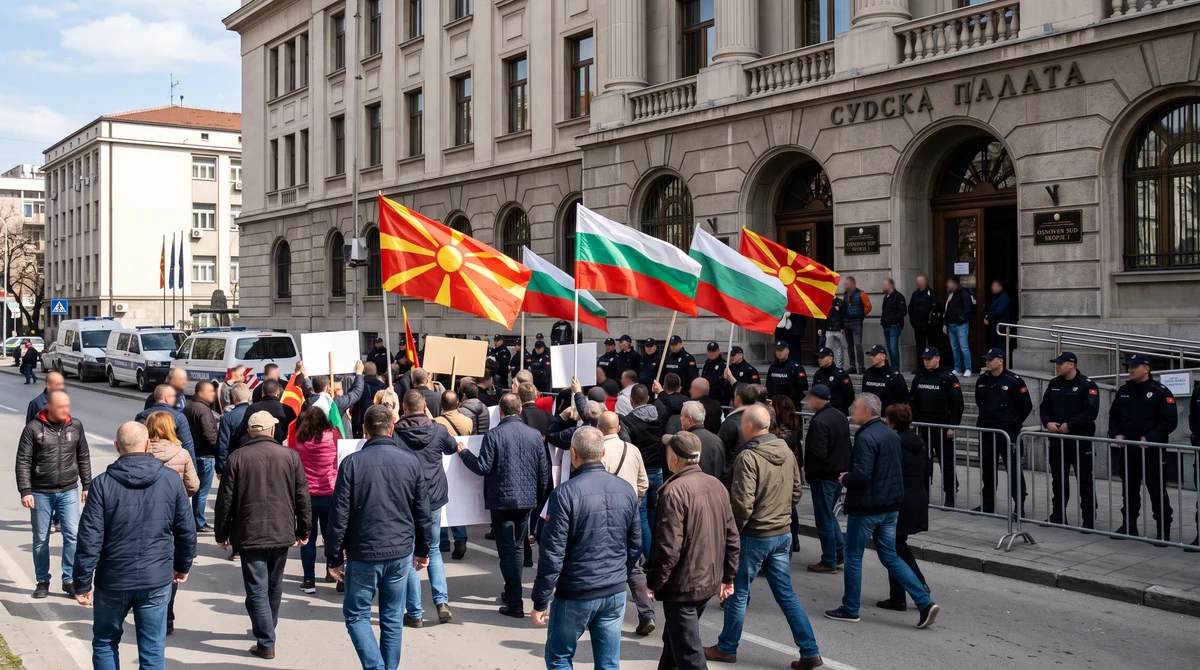 Мирен протест пред съдебна сграда в Кочани с български и северномакедонски знамена