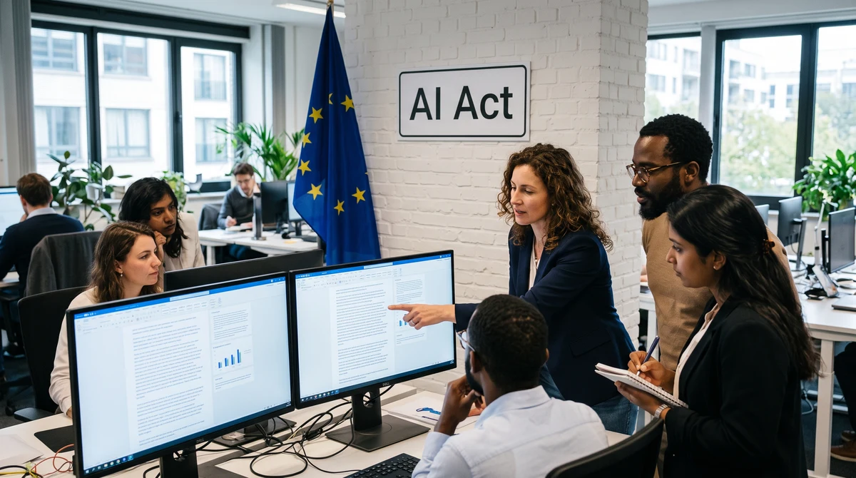 Екип в технологичен офис проверява AI съдържание до знак с надпис AI Act и знаме на Европейския съюз.