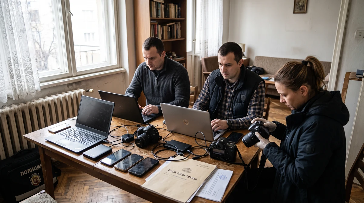 Разследващи служители проверяват електронни устройства и носители на информация в рамките на досъдебно производство.