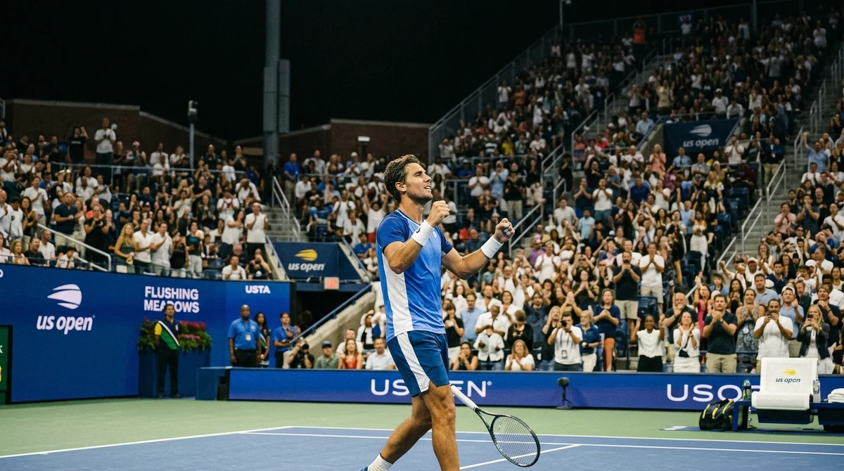 Тенисист празнува победа на нощен мач от US Open в Ню Йорк