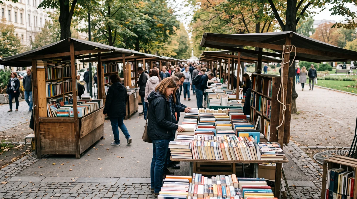 Книги на открити щандове в градски парк край пешеходен булевард