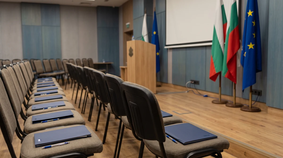 Празна конферентна зала в София, подготвена за форум за финансовата стабилност на еврозоната