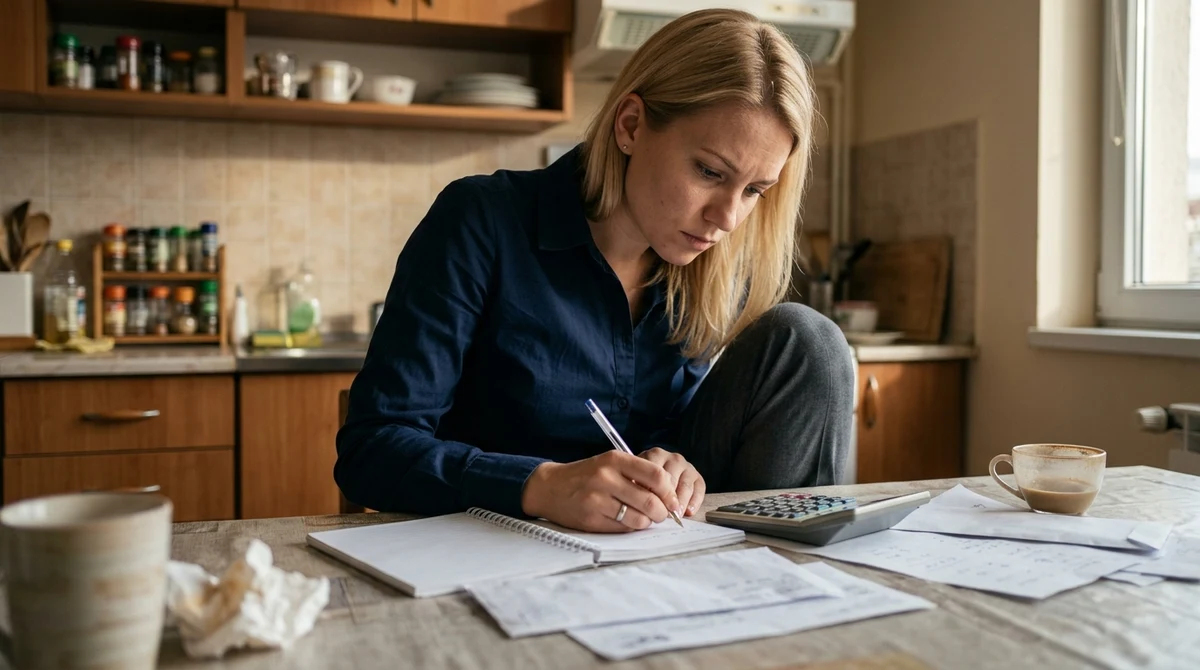 Млада жена преглежда домашен бюджет с калкулатор и бележник на кухненска маса.
