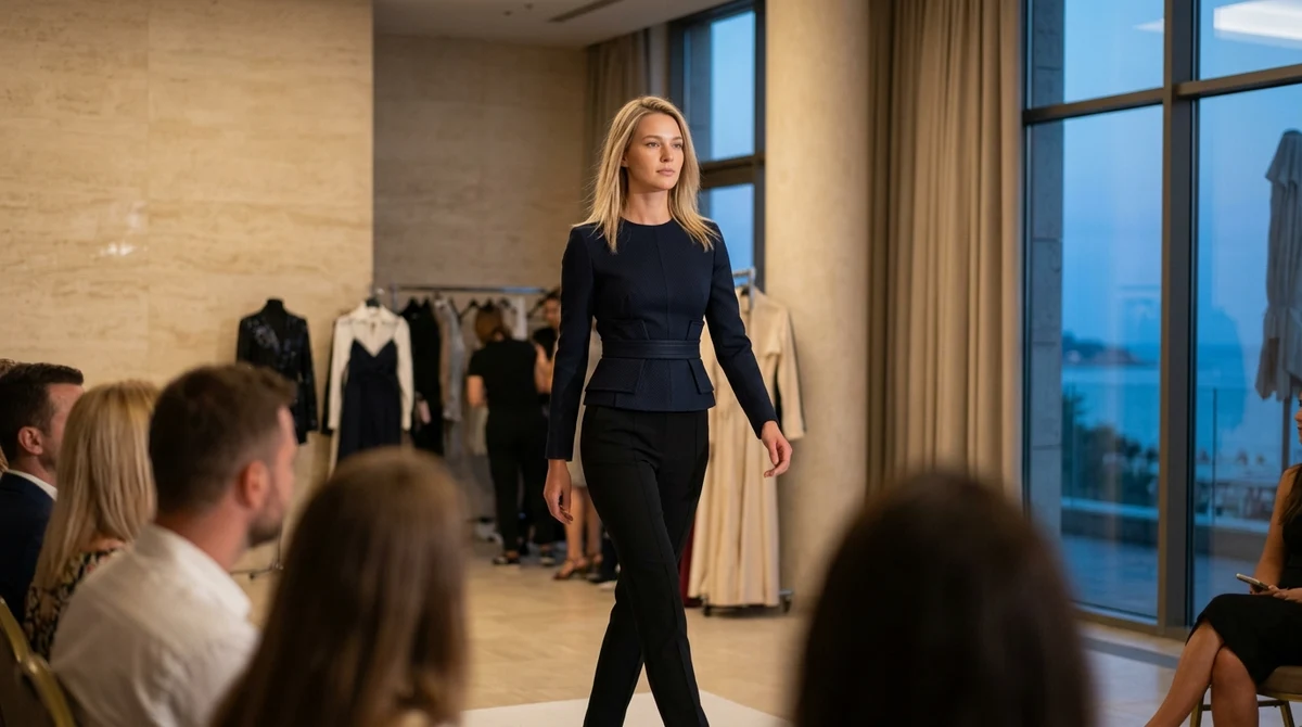 Илюстрация на руса млада жена в изискана haute couture визия на подиум край Варна.