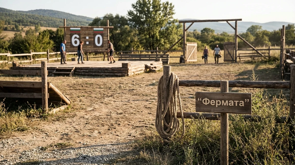 Илюстрация на арена във „Фермата“ с табло 6:0 и двойка, която се завръща през дървена порта.