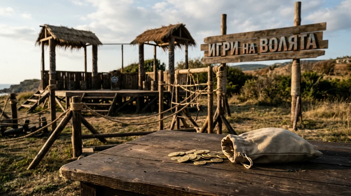 Илюстрация на арена от „Игри на волята“ след елиминация, с препятствия, място за племенен съвет и златни гроша на преден план.